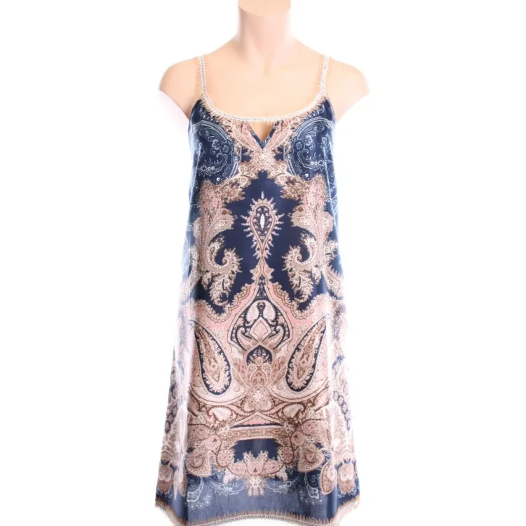 Strandkleider & Sommerkleider|Kleider^Gattina Batist Kleid Baumwolle mit Seide MOON SHADOW blau-gold von dunkelblau und gold bedruckt