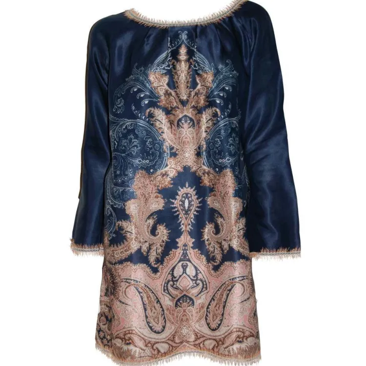 Kaftan, Tunika & Pareo|Lounge-Wear^Gattina Batist Shirt Baumwolle mit Seide MOON SHADOW blau-gold von dunkelblau und gold bedruckt