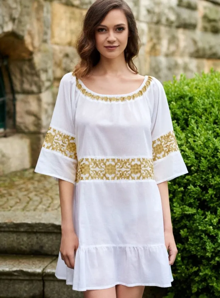 Strandkleider & Sommerkleider|Kaftan, Tunika & Pareo^Gattina Baumwolle Batist Strandtunika JÖRDIS mit Stickerei von weiß oder schwarz mit gold