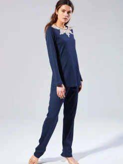 Lounge-Wear^Fu00fcrstenberg Baumwolle Schlafanzug AVA nachtblau von Fürstenberg nachtblau mit messingfarbener Spitze