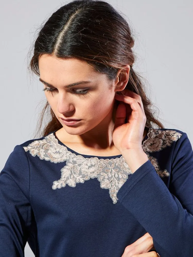 Lounge-Wear^Fu00fcrstenberg Baumwolle Schlafanzug AVA nachtblau von Fürstenberg nachtblau mit messingfarbener Spitze