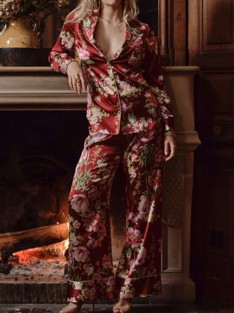 Lounge-Wear|Seidenpyjama^Marjolaine Blumenprint Stretchseidenpyjama VELVET von bordeauxrot