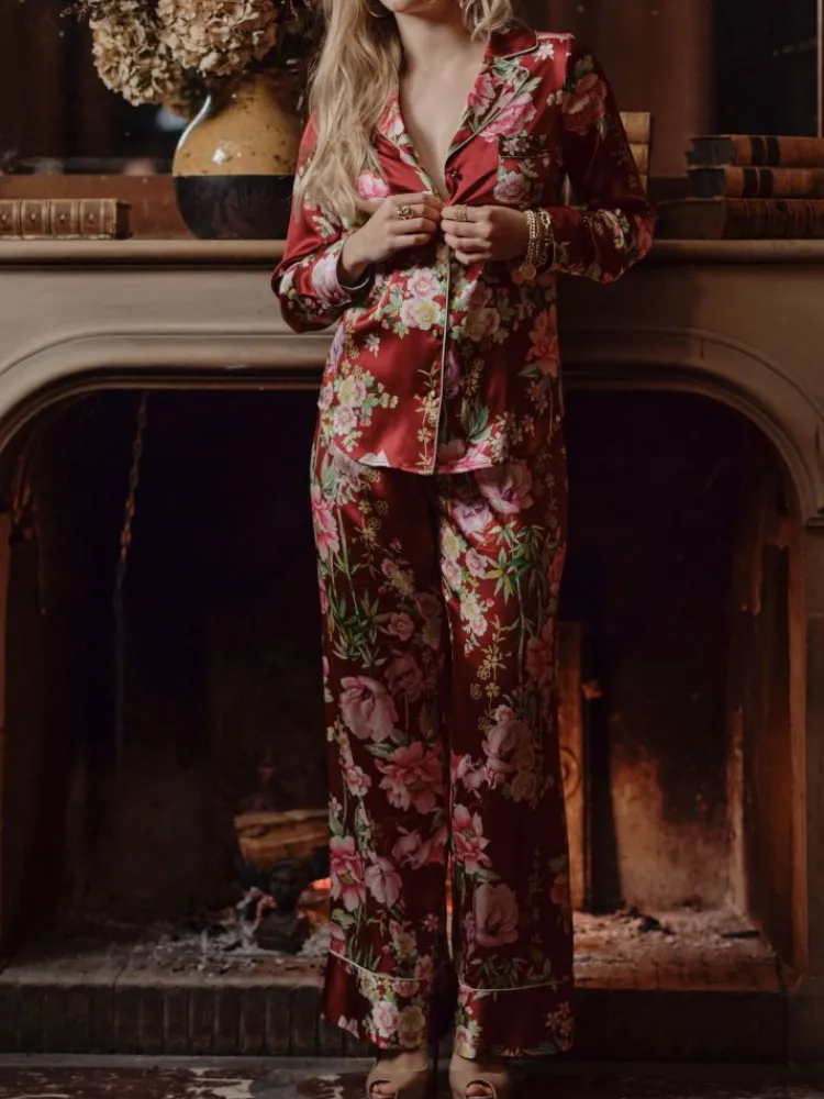 Lounge-Wear|Seidenpyjama^Marjolaine Blumenprint Stretchseidenpyjama VELVET von bordeauxrot