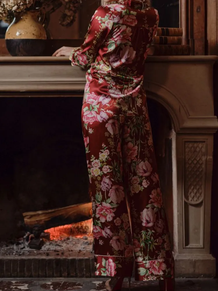 Lounge-Wear|Seidenpyjama^Marjolaine Blumenprint Stretchseidenpyjama VELVET von bordeauxrot