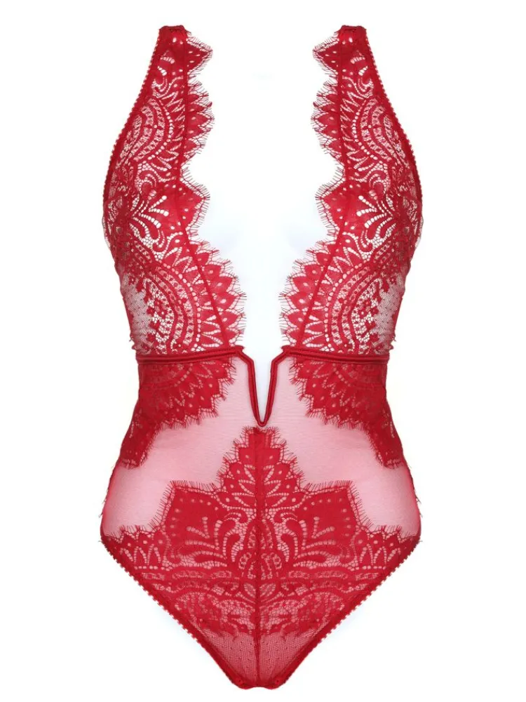 Shirt Mit Spitze|Alle Bodys^Prelude Body BLACK SWAN CRYSTAL mit Steinchen von Milano rot und schwarz