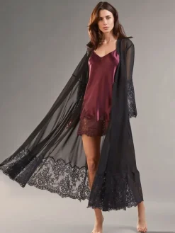 Morgenmantel Lang|Morgenmantel Mit Spitze^Vivis Chiffon Morgenmantel ROSSELLA transparent von schwarz