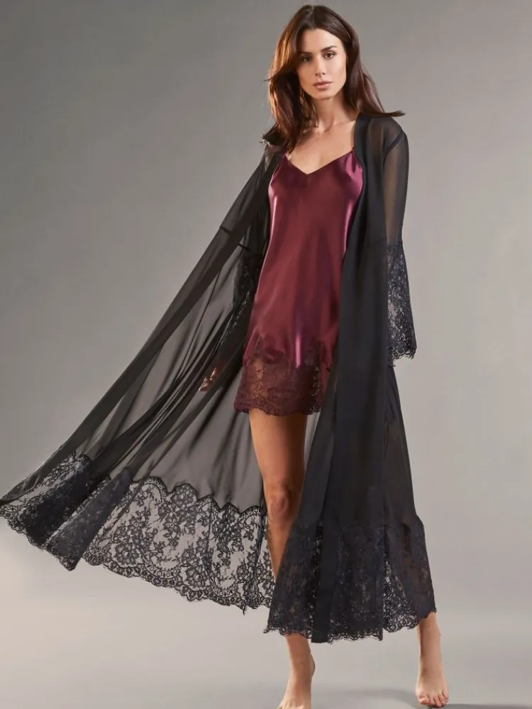 Morgenmantel Lang|Morgenmantel Mit Spitze^Vivis Chiffon Morgenmantel ROSSELLA transparent von schwarz