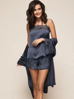 Morgenmantel Kurz|Morgenmantel Mit Spitze^Triumph Crepe Morgenmantel medium CHEMISES MATTE sturmgrau von dunkel blau-grau mit Spitze