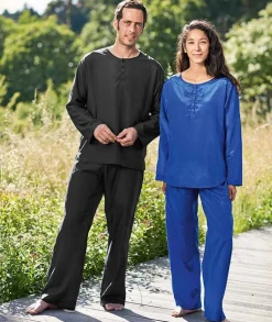 Freizeit- & Reisekleidung|Seiden Basics^Traveleru00b4s Tree Damen  REISE SCHLAFANZUG lang Seide-Baumwolle Traveler´s Tree® 1001 blau