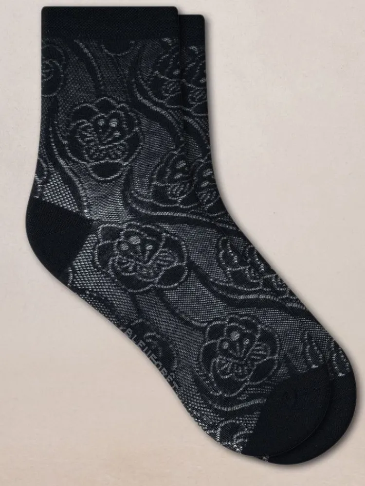 Söckchen & Kniestrümpfe^Bleuforu00eat Damen Seidensocken Blumenmuster mit 72% Seide von Bleuforêt creme-weiß oder marineblau