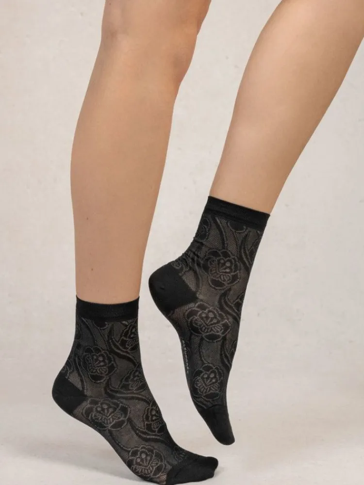 Söckchen & Kniestrümpfe^Bleuforu00eat Damen Seidensocken Blumenmuster mit 72% Seide von Bleuforêt creme-weiß oder marineblau