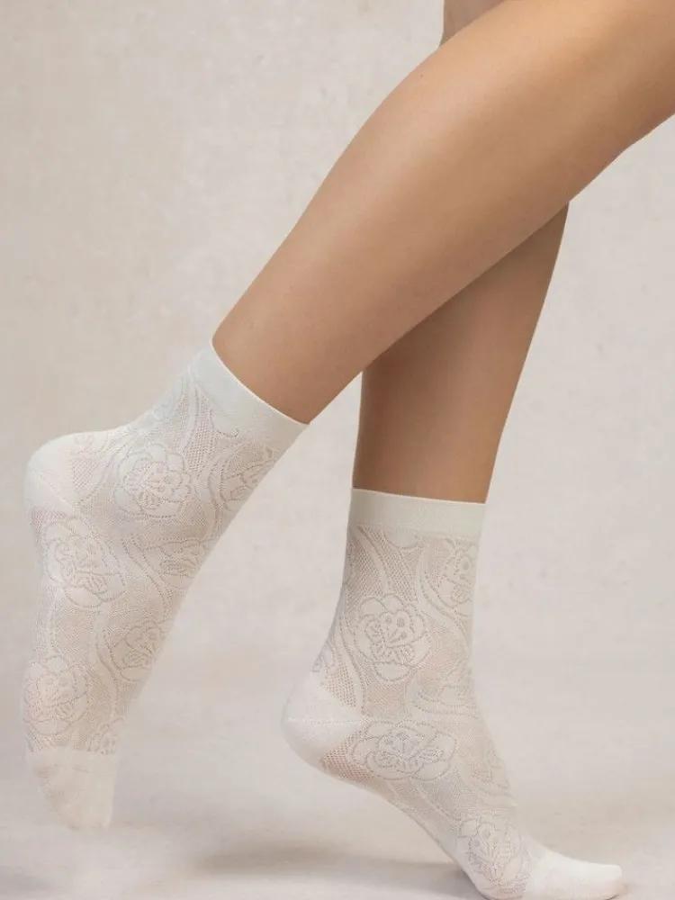 Söckchen & Kniestrümpfe^Bleuforu00eat Damen Seidensocken Blumenmuster mit 72% Seide von Bleuforêt creme-weiß oder marineblau