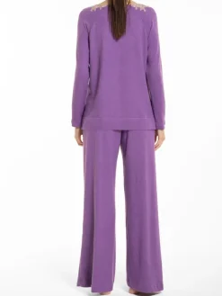 Feine Pyjamas^Verdiani Feinstrick Hausanzug CARLA lila von lila mit rosa Spitze