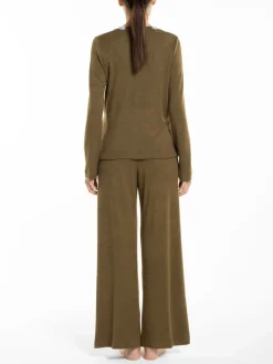 Lounge-Wear|Feine Pyjamas^Verdiani Feinstrick Hausanzug DELIA oliv von olivgrün mit weißer Spitze