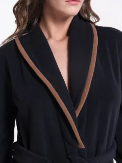 Lounge-Wear|Exquisite Morgenmäntel^Verdiani Fleece Morgenmantel lang NERO schwarz-nougat von mit Viscose schwarz-braun