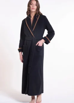 Lounge-Wear|Exquisite Morgenmäntel^Verdiani Fleece Morgenmantel lang NERO schwarz-nougat von mit Viscose schwarz-braun