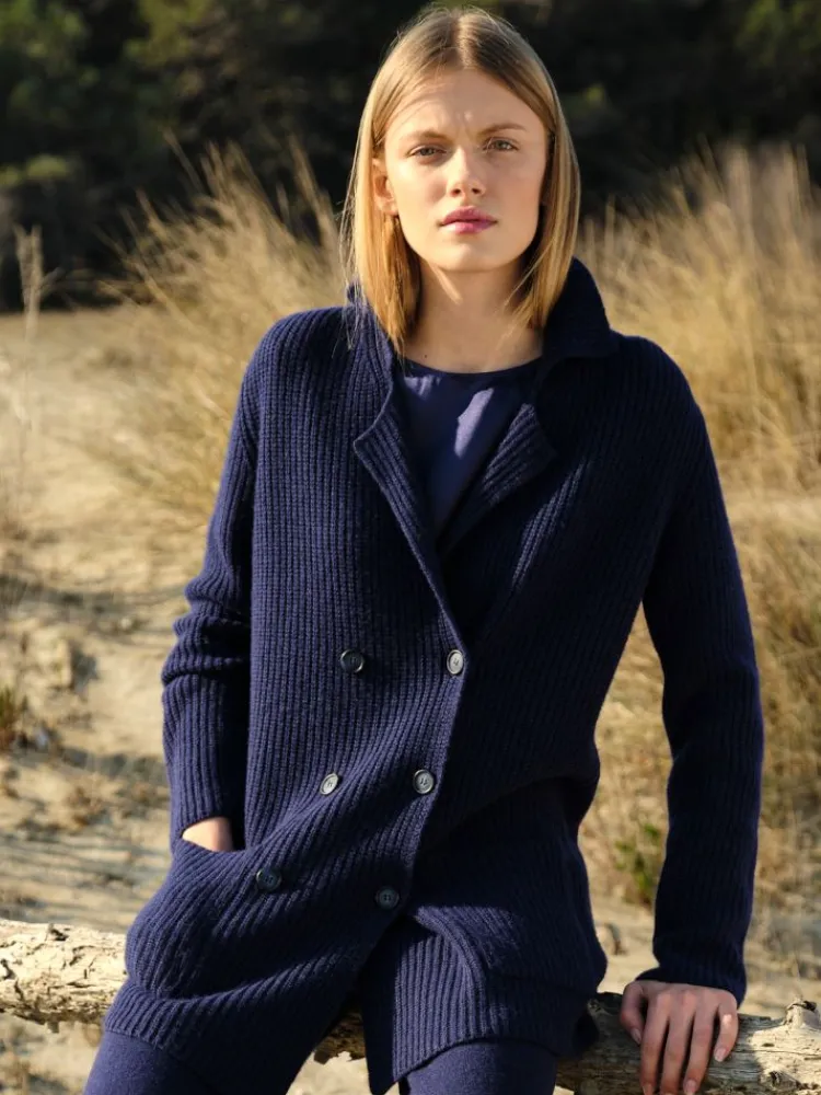 Lounge-Wear|Strickjacken & -Mäntel^Chiara Fiorini Grobstrick Jacke mit Knöpfen von mit Wolle und Kaschmir nachtblau und cremeweiß