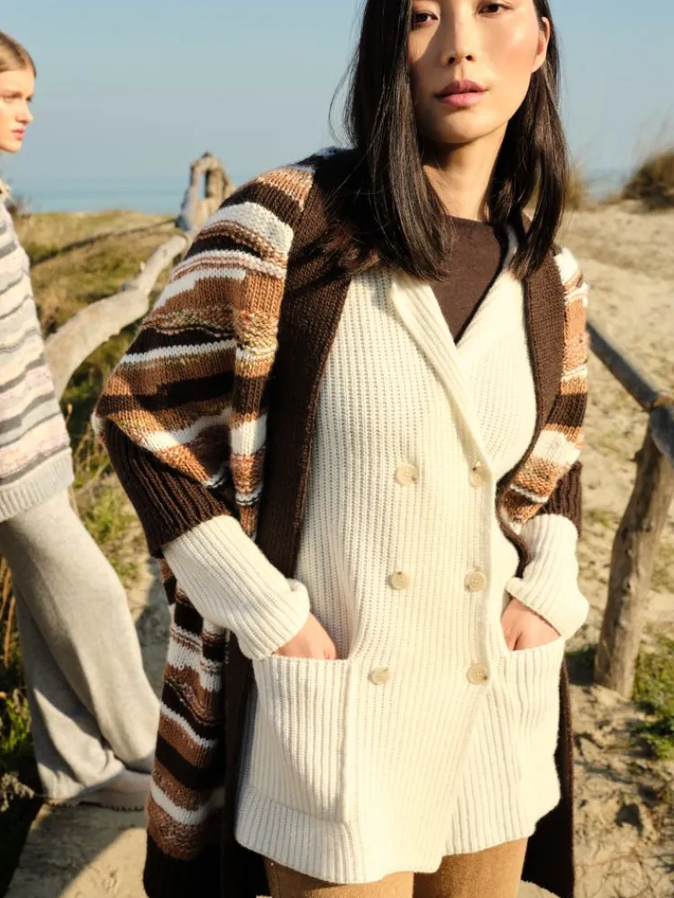 Lounge-Wear|Strickjacken & -Mäntel^Chiara Fiorini Grobstrick Jacke mit Knöpfen von mit Wolle und Kaschmir nachtblau und cremeweiß