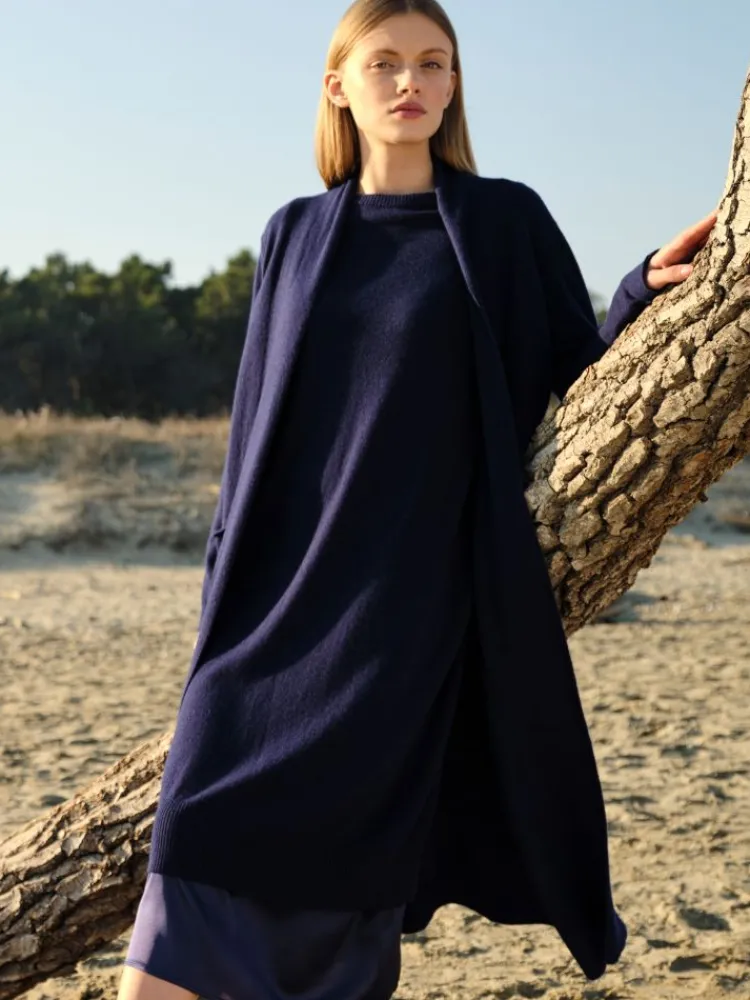 Lounge-Wear|Strickjacken & -Mäntel^Chiara Fiorini Hausmantel Edel-Strick von mit Wolle und Kaschmir nachtblau und camel-beige