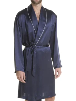 Seide Morgenmäntel^Verdiani Herren Morgenmantel 100% Seide PURA SETA mit Biese Man dunkelblau oder schwarz mit weißer Biese