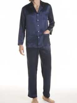 Luxus Schlafanzüge|Seidenschlafanzüge^Verdiani Herren Schlafanzug 100% Seide PURA SETA uni Man dunkelblau oder schwarz