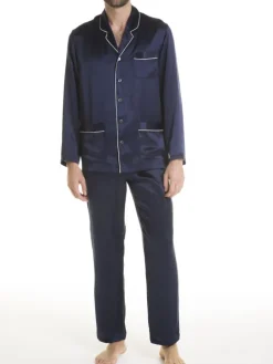 Luxus Schlafanzüge|Seidenschlafanzüge^Verdiani Herren Schlafanzug 100% Seide PURA SETA mit Biese Man dunkelblau oder schwarz mit weißer Biese
