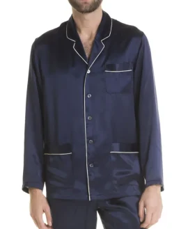 Luxus Schlafanzüge|Seidenschlafanzüge^Verdiani Herren Schlafanzug 100% Seide PURA SETA mit Biese Man dunkelblau oder schwarz mit weißer Biese