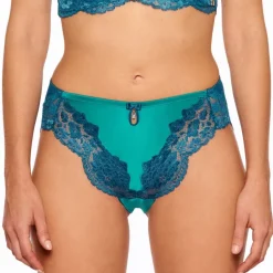 Alle Slips|Alle Unterteile^Millesia Hoher Slip ADRIANA von mit Seide türkisblau oder gold-sand farben mit Spitze