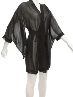 Morgenmantel Kurz|Morgenmantel Mit Seide^Marjolaine Kimono 100% Seide FIDJI MOUSSELIN schwarz von schwarz komplett und transparent