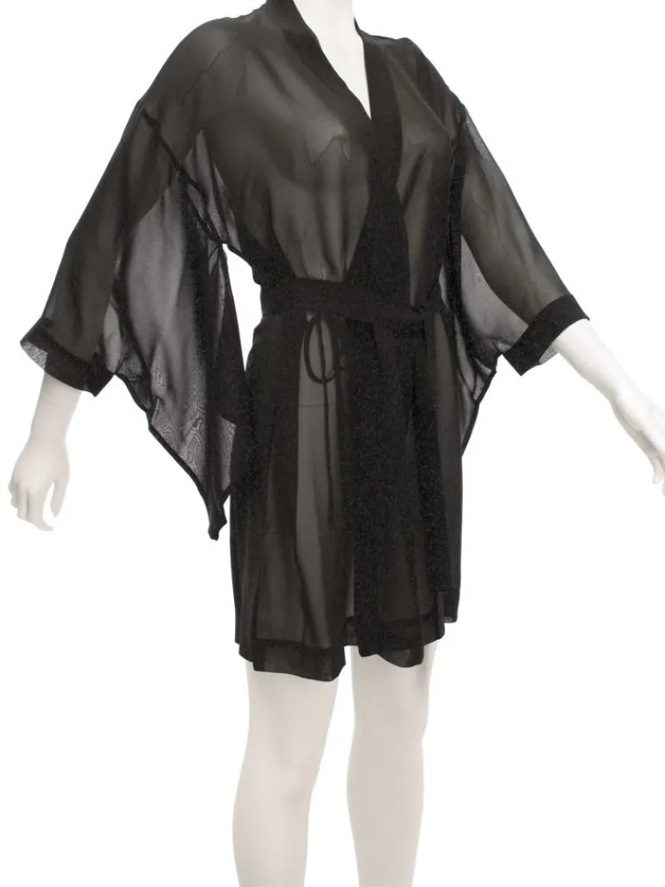 Morgenmantel Kurz|Morgenmantel Mit Seide^Marjolaine Kimono 100% Seide FIDJI MOUSSELIN schwarz von schwarz komplett und transparent