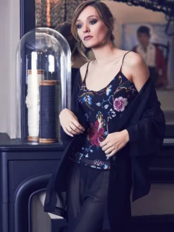 Morgenmantel Kurz|Morgenmantel Mit Seide^Marjolaine Kimono 100% Seide FIDJI MOUSSELIN schwarz von schwarz komplett und transparent