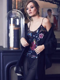 Morgenmantel Kurz|Morgenmantel Mit Seide^Marjolaine Kimono 100% Seide FIDJI MOUSSELIN schwarz von schwarz komplett und transparent