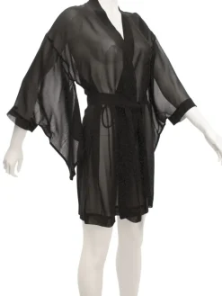 Morgenmantel Kurz|Morgenmantel Mit Seide^Marjolaine Kimono 100% Seide FIDJI MOUSSELIN schwarz von schwarz komplett und transparent