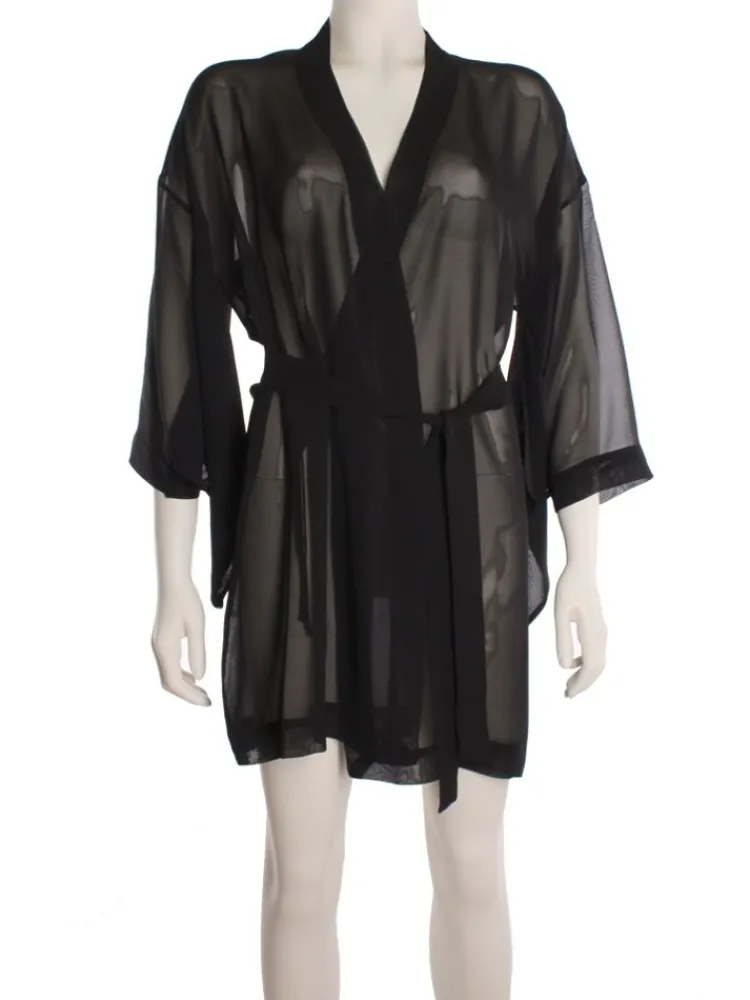 Morgenmantel Kurz|Morgenmantel Mit Seide^Marjolaine Kimono 100% Seide FIDJI MOUSSELIN schwarz von schwarz komplett und transparent