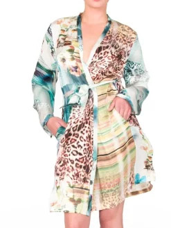 Morgenmantel Kurz|Morgenmantel Aus Satin^Eva B. Bitzer Kimono 100% Seide TOPAS mit Animalprint von topas- blau mit buntem Druck