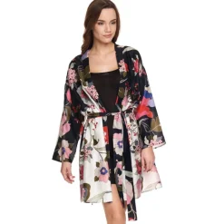 Morgenmantel Kurz|Morgenmantel Aus Satin^Gattina Kimono Baumwolle mit Seide FELICIA von schwarz bunt