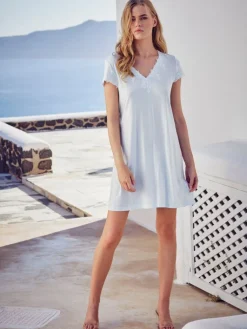 Edle Nachthemden^Fu00fcrstenberg Kurzarm Nachtkleid BLU SKY von Fürstenberg Black Label cremeweiß oder hellblau mit Spitze