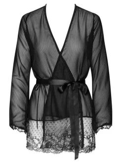 Morgenmantel Kurz^Cadolle Kurzer Kimono STRIPES schwarz von schwarz mit Spitze