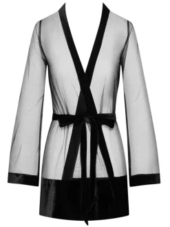 Morgenmantel Kurz^Cadolle Kurzer Morgenmantel KIMONO TULLE Tüll schwarz von schwarz mit Samt