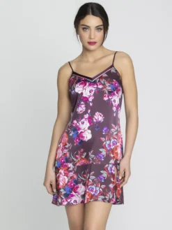 Alle Negligés^Lise Charmel Kurzes Negligé AVEU EN FLEURS aus Stretchseide von dunkles Violett mit Blumenmuster