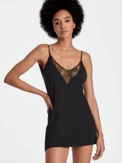 Edle Nachthemden|Alle Negligés^Aubade Kurzes Negligé LAZY DAYS mit Modal und Seide von schwarz und smaragdgrün