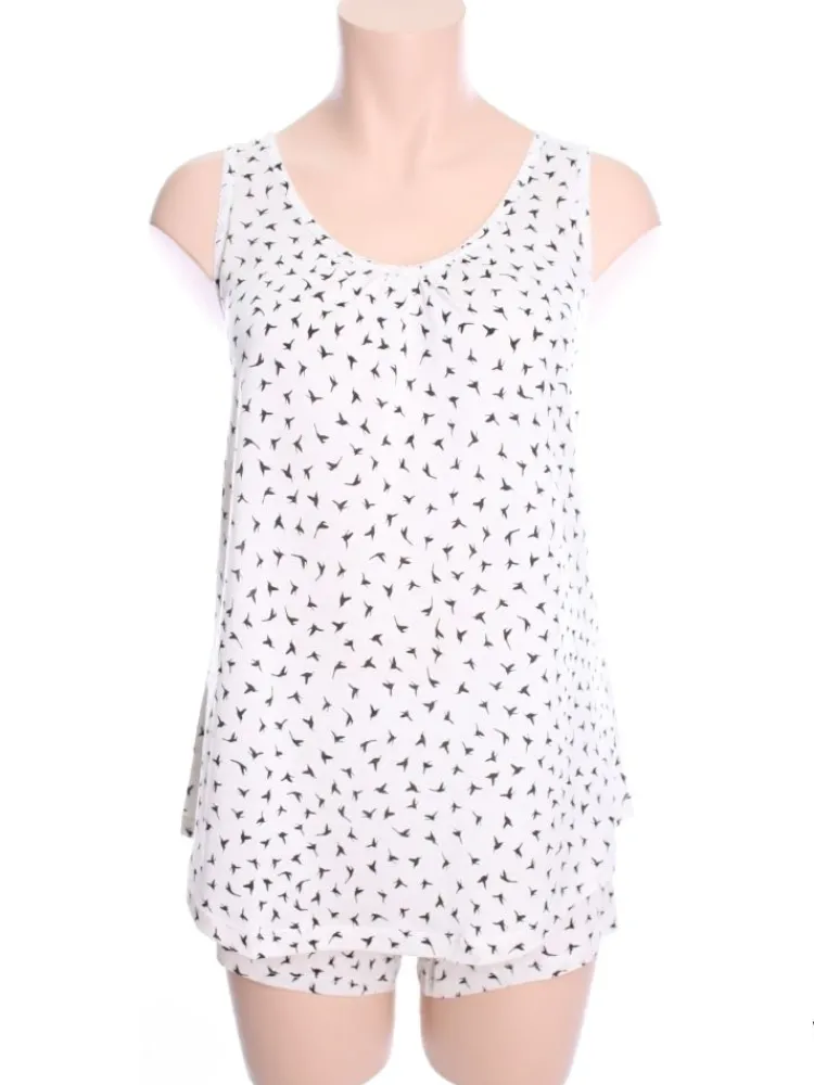 Seidenpyjama^Kokon Zwo Kurzpyjama Seidenmix mit Vogeldruck von schwarz oder weiß mit Vogeldruck