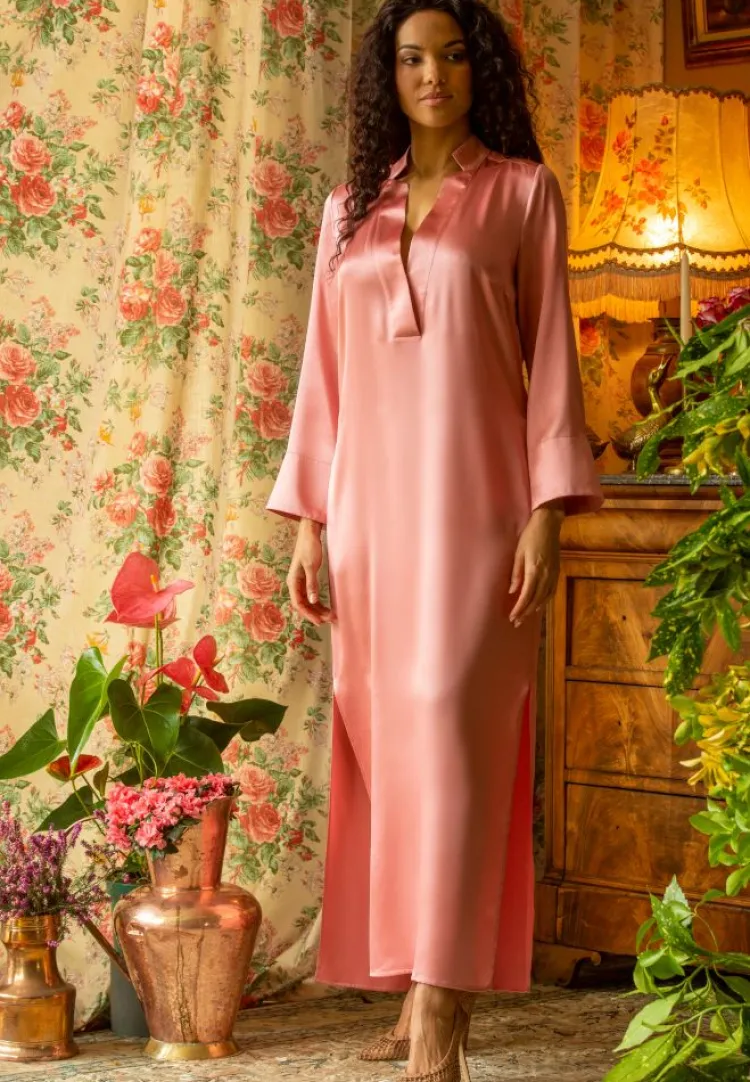 Seidennachthemd|Kleider^Marjolaine Langarm Nachtkleid 100% Seide POLLY lang von violett oder altrosa