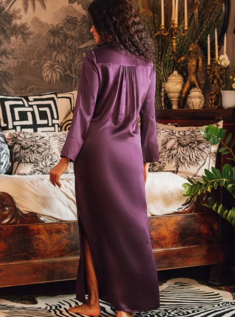 Seidennachthemd|Kleider^Marjolaine Langarm Nachtkleid 100% Seide POLLY lang von violett oder altrosa