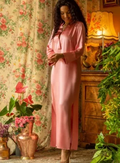 Kleider|Seidenneglige^Marjolaine Langarm Nachtkleid 100% Seide POLLY lang Satin violett oder altrosa