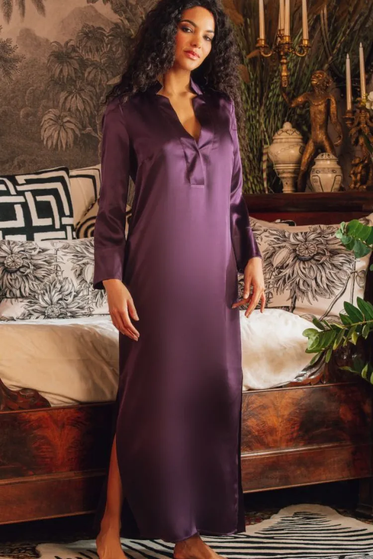 Kleider|Seidenneglige^Marjolaine Langarm Nachtkleid 100% Seide POLLY lang Satin violett oder altrosa