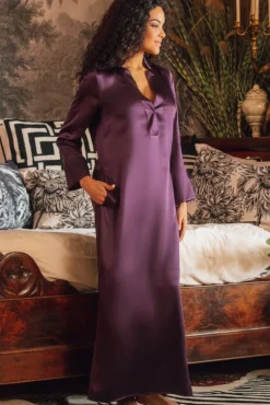 Kleider|Seidenneglige^Marjolaine Langarm Nachtkleid 100% Seide POLLY lang Satin violett oder altrosa