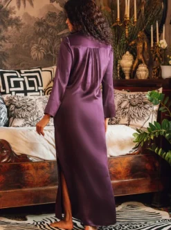 Kleider|Seidenneglige^Marjolaine Langarm Nachtkleid 100% Seide POLLY lang Satin violett oder altrosa
