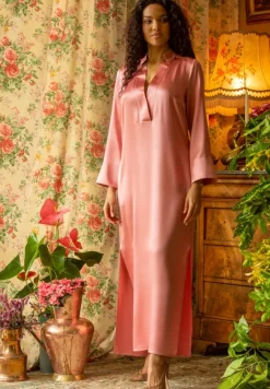 Kleider|Seidenneglige^Marjolaine Langarm Nachtkleid 100% Seide POLLY lang Satin violett oder altrosa