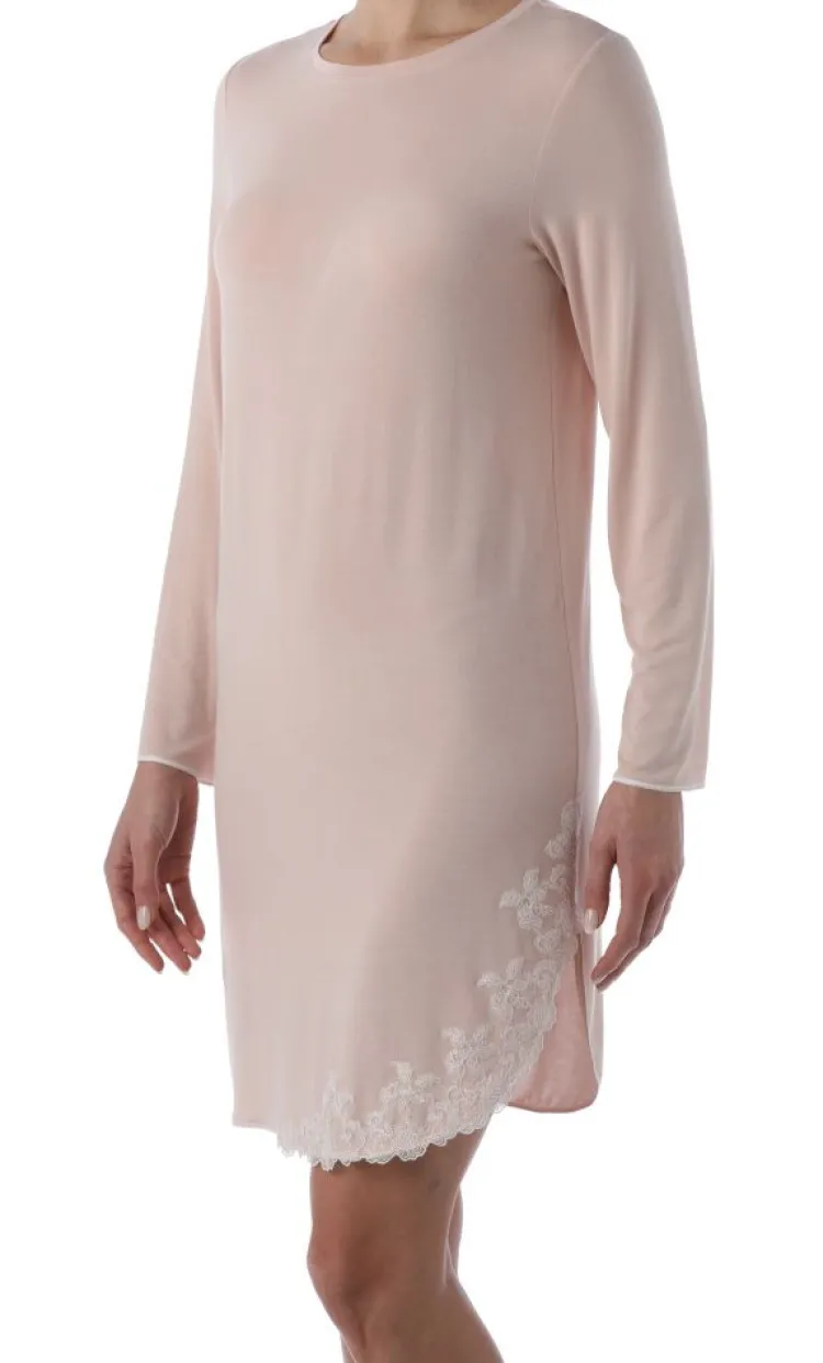 Edle Nachthemden^IMEC Langarm Nachtkleid Cristina aus Modal von zartrosa mit weißer Spitze